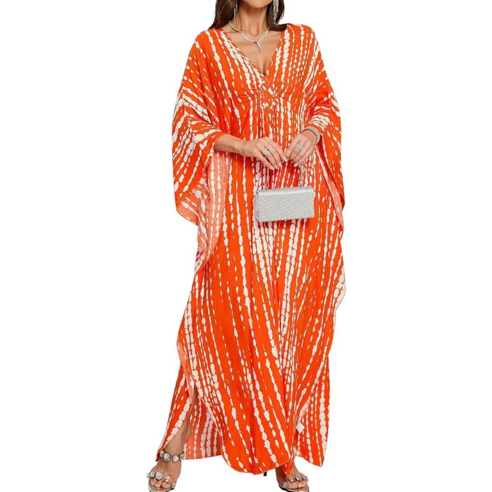 Womens Orange & White Strips V-Neck Batwing Sleeves Summer Cover Up Kaftan Dress